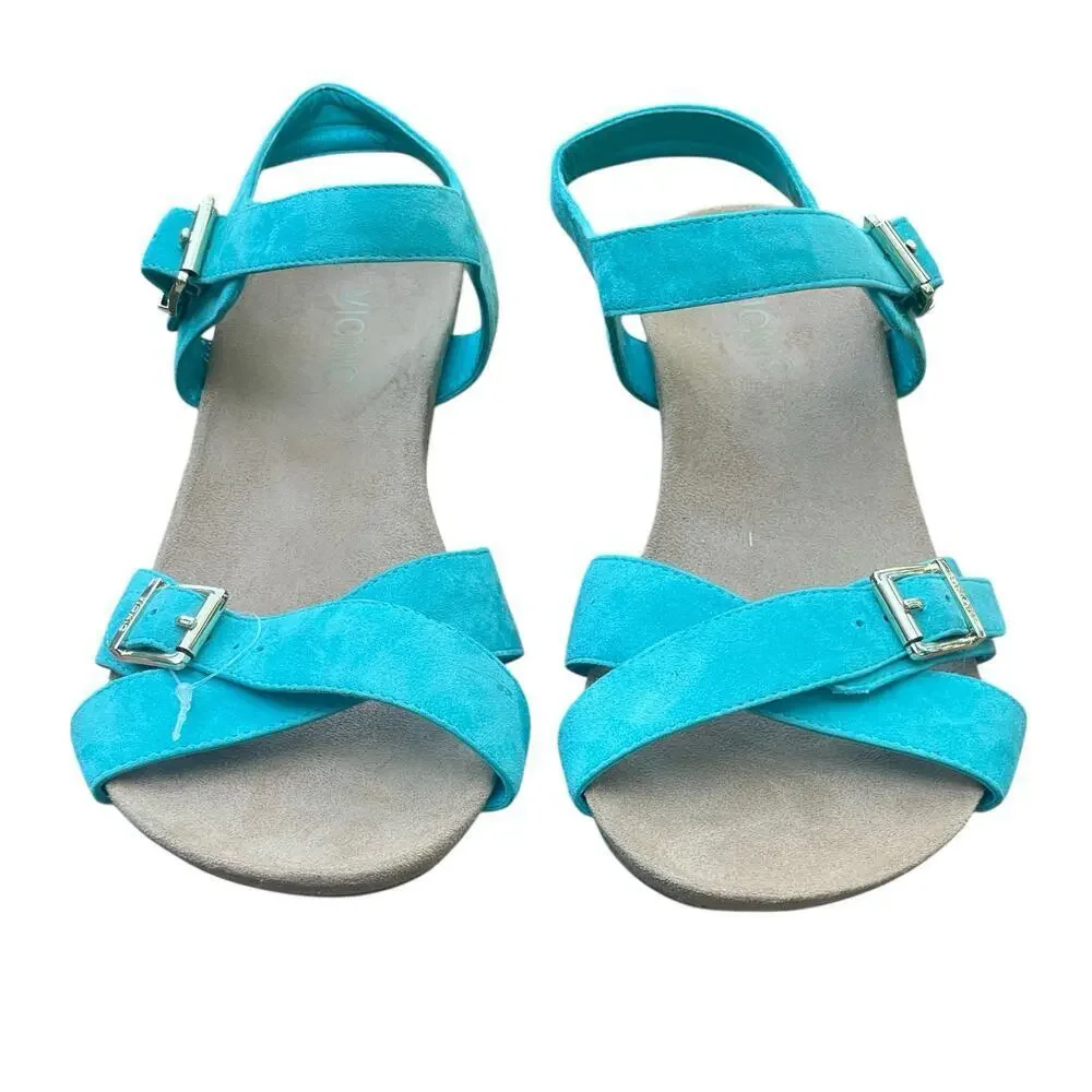 VIONIC Anka Teal Suede Leather Sandal Cork Wedges Size 7